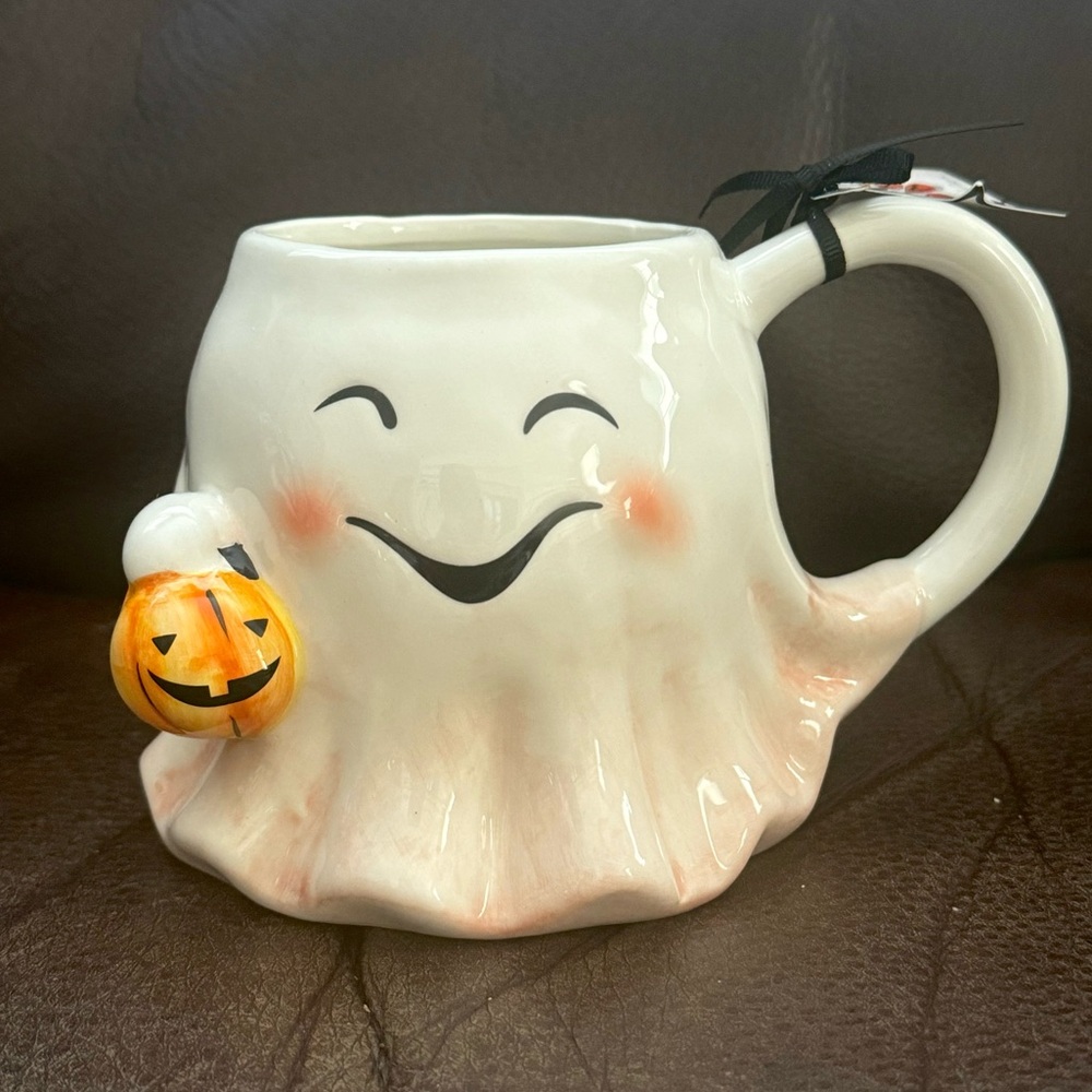 Blue Sky Clayworks Ghost with Jack o’ Lantern Candy Bucket Figural Halloween Mug